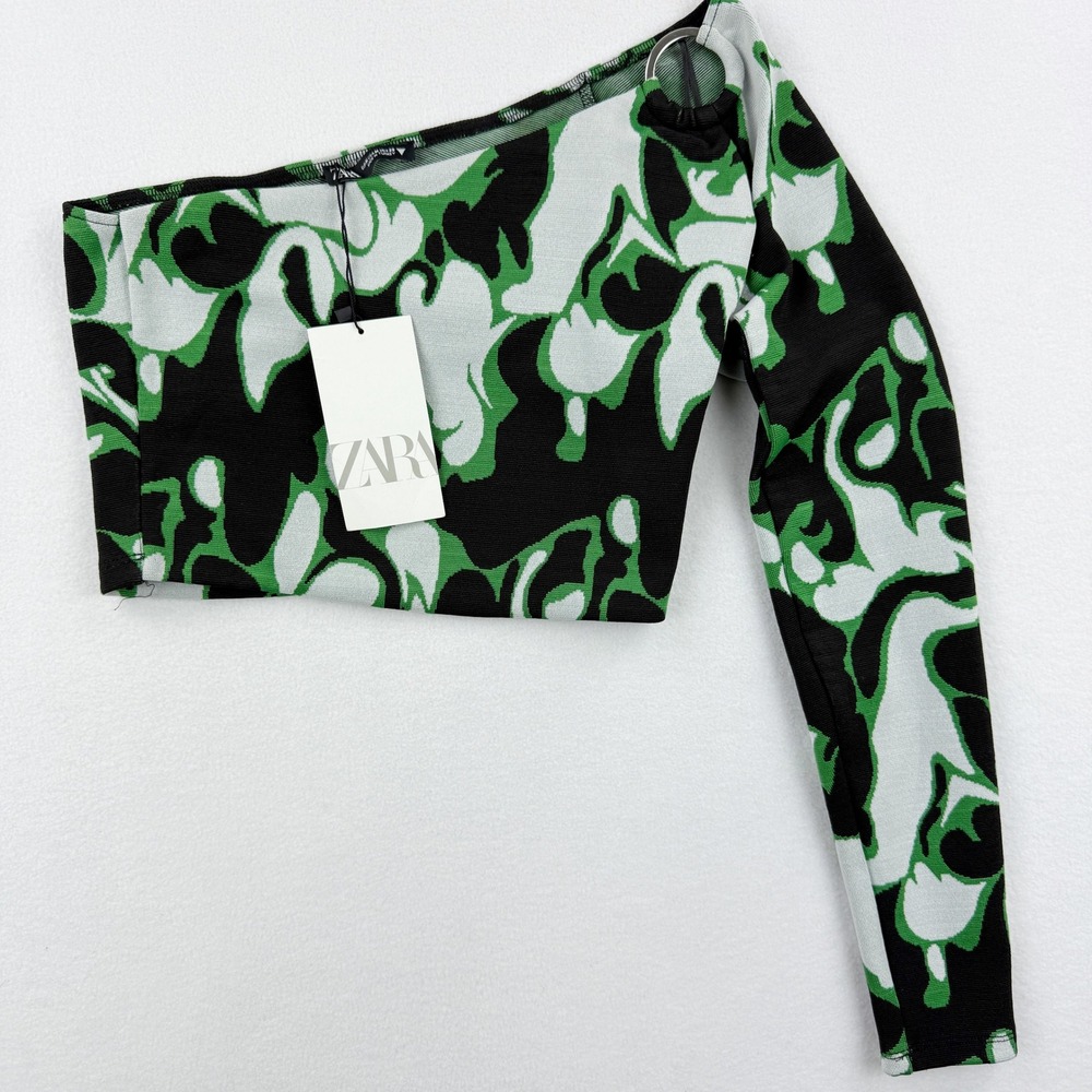 ZARA One Shoulder Long Sleeve Green Black Size MEDIUM Womens NEW‎